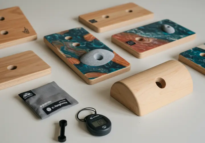 A selection of hangboards, including a wooden hangboard, climbing chalk, and a timer, for beginner hangboard training.