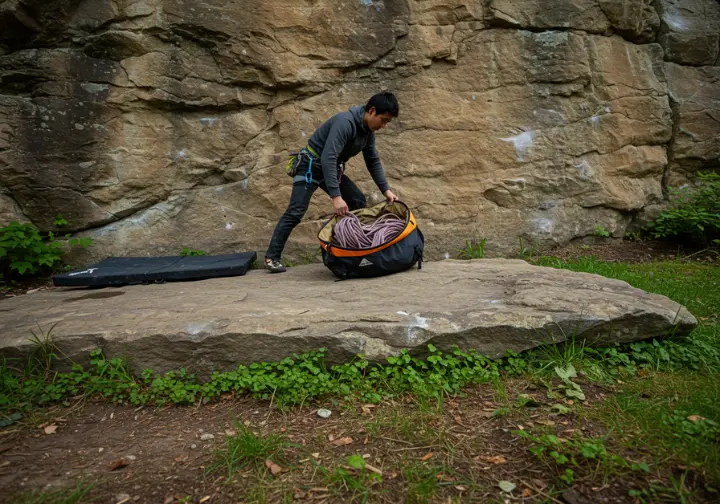 A male climber carefully places his rope bag on a durable rock surface at a crag to avoid damaging fragile vegetation, showing understanding of climber impacts.