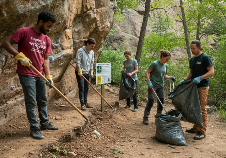 Diverse group of climbers participating in crag stewardship, repairing trails and picking up litter, showcasing proactive care and protecting access.