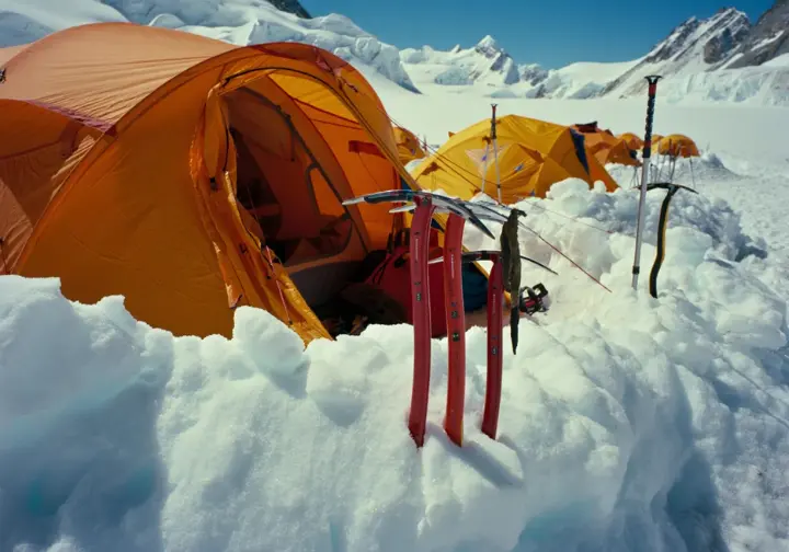 Photorealistic image depicting expedition tents at Mount Everest's Camp 1 at 19,900 feet, pitched on a glacier with surrounding mountain slopes, conveying the stark reality of the high-altitude camp.