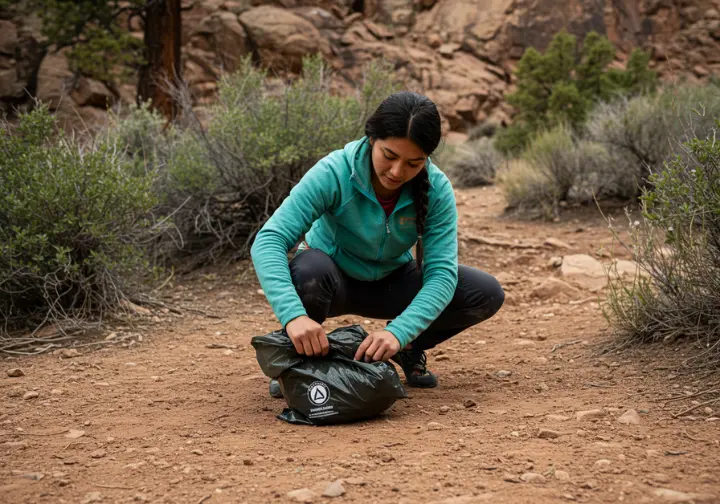 A female climber responsibly using a WAG bag in a discreet location at a crag, demonstrating the gold standard best practices for waste disposal.