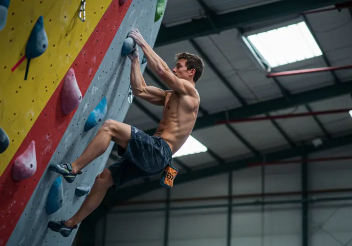 A male climber focused on a bouldering problem, demonstrating improved strength-to-weight ratio on a high protein high fat low carb diet.