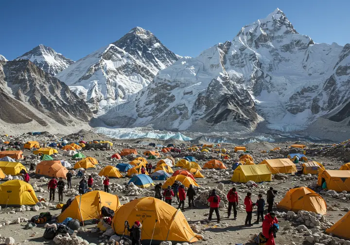 A photorealistic scene of the bustling Mount Everest South Base Camp in Nepal, one of the two main gateways to the summit, with climbers and tents.
