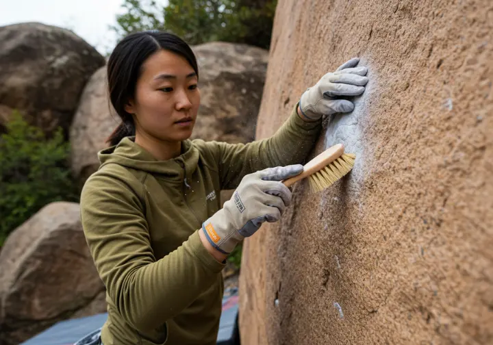 A female climber carefully brushes chalk off climbing holds on a boulder, demonstrating a practical guide to on-the-ground crag stewardship.