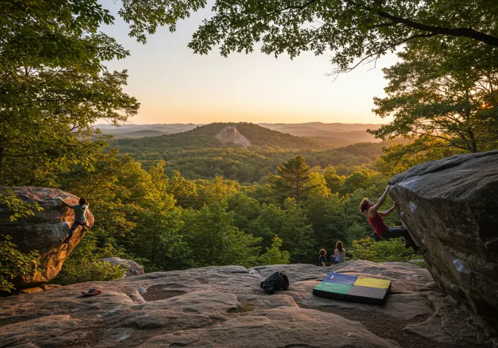 Outdoor scene with climbers bouldering on natural rock in a park setting near Raleigh, with a larger climbing crag visible in the distance, representing local outdoor climbing.