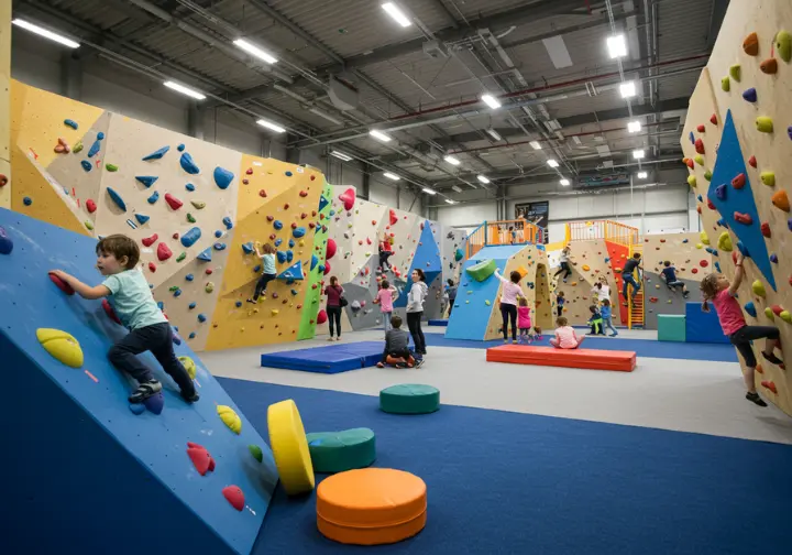 Families and children enjoying colorful, themed climbing walls in a recreational indoor climbing facility in Fort Myers.