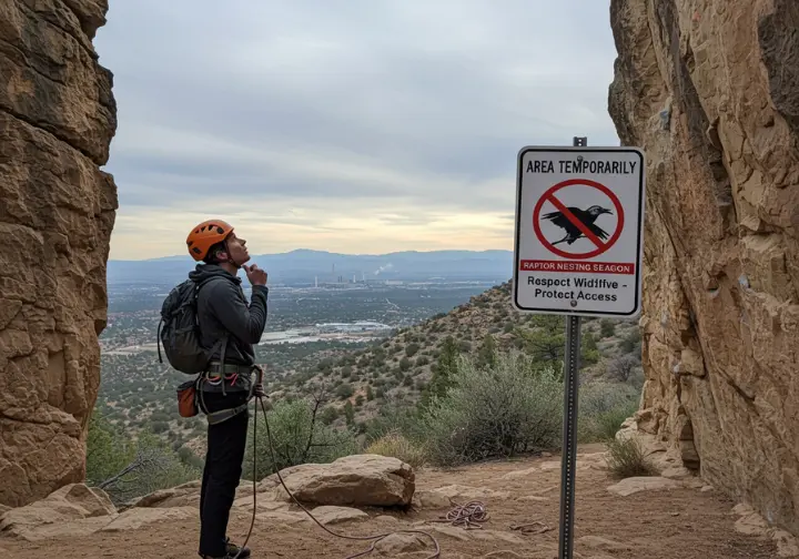 A climber observes a "Seasonal Raptor Closure" sign at a crag, with distant development hinting at the spectrum of threats to climbing access.
