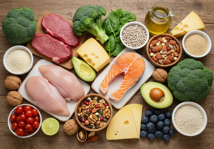 An overhead view of a diverse selection of high fat, high protein, and low carb foods arranged on a wooden table.