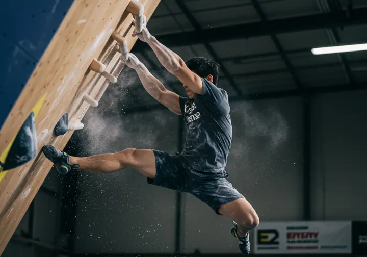 A climber unleashing explosive power on a campus board, demonstrating a key exercise for improving rate of force development and turning strength into speed.