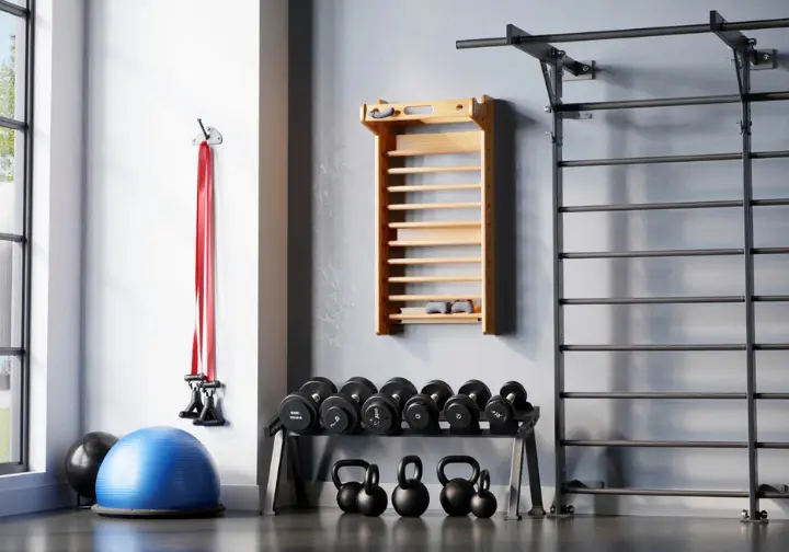 Various gym equipment including a hangboard, dumbbells, and pull-up bar, representing a climber's essential exercise lexicon for a gym workout.