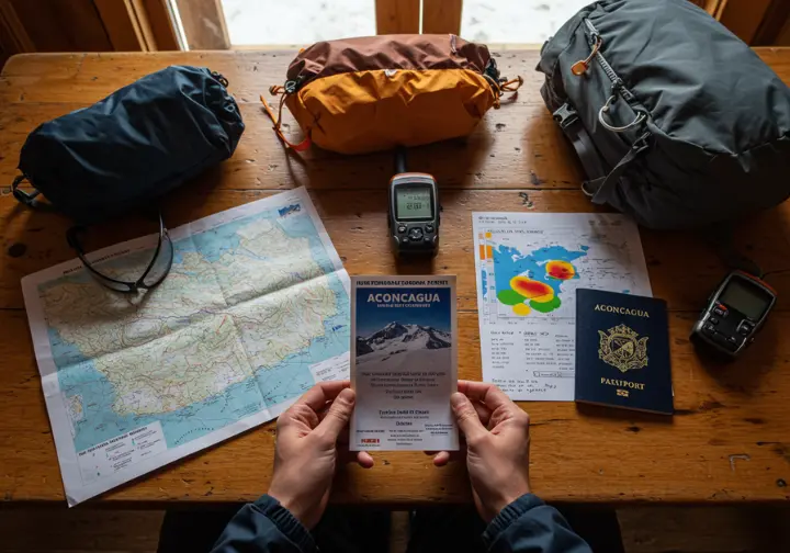 A close-up of essential Aconcagua expedition planning items, including a climbing permit, map, and passport, representing the logistics involved.