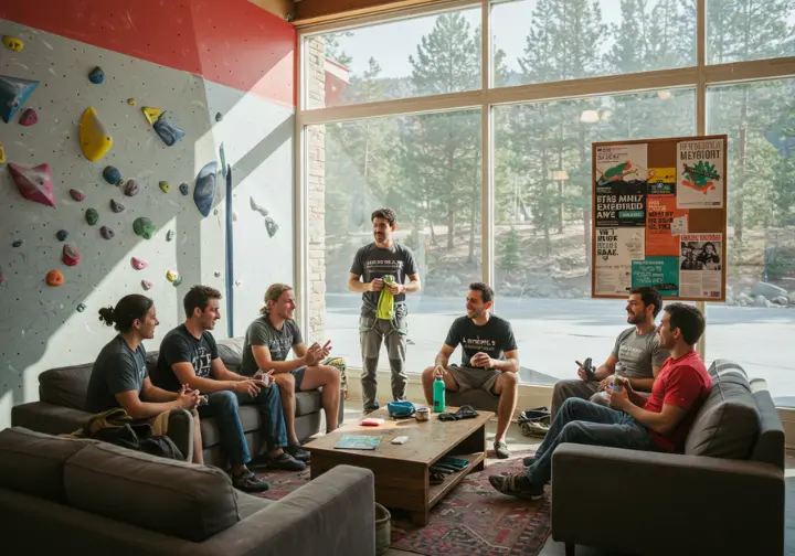 Diverse climbers in a gym lounge, discussing community and sustainability within the Boulder climbing gym ecosystem, with natural daylight.