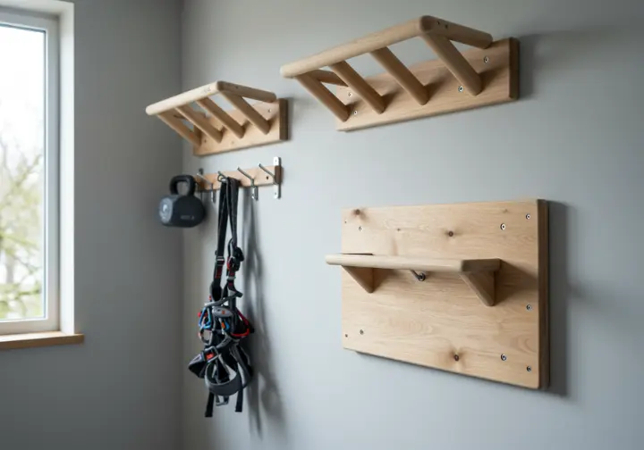 The climber's arsenal of essential power and strength exercises tools, including a hangboard, campus board, and weights, neatly arranged in a home training space.