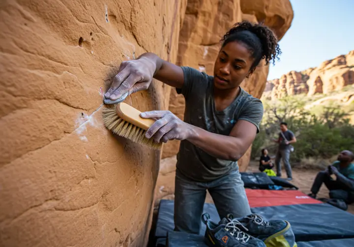 A female climber actively practices stewardship by meticulously brushing chalk off holds on a sandstone boulder after her climb.