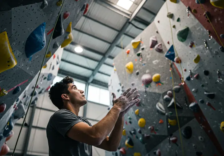 A dedicated climber chalking his hands, looking up at a lead climbing wall, symbolizing strategic analysis for rock climbing in Fort Myers.