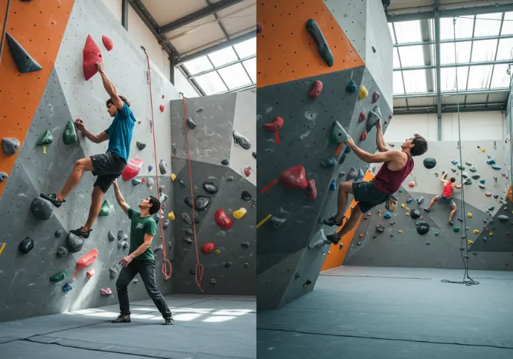 A split scene showing a beginner climber learning technique and an intermediate climber engaged in targeted training, illustrating the design of a rock climbing training program.