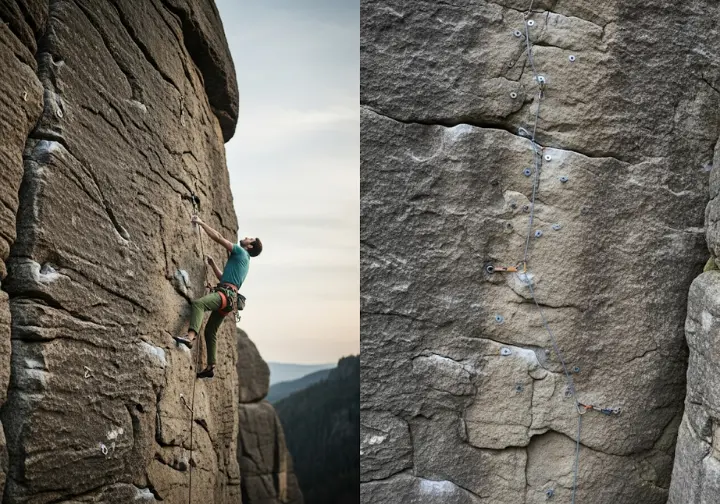 A visual representation of the ethical debates in rock climbing route development, showcasing different ascent styles.