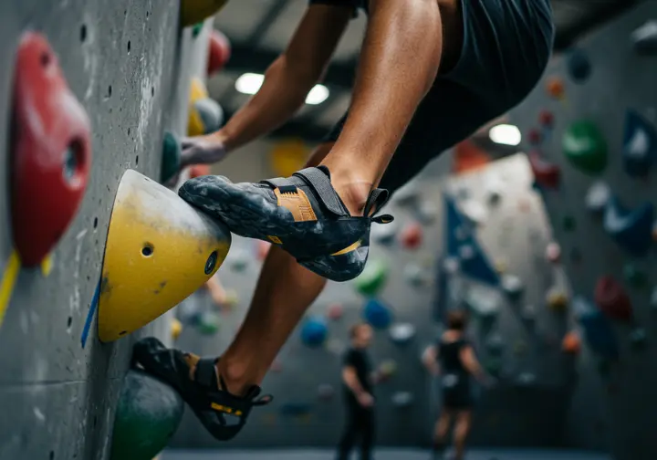 Close-up of a beginner climber's hands and feet on an indoor climbing wall, demonstrating fundamental techniques for first-time climbers in Raleigh.