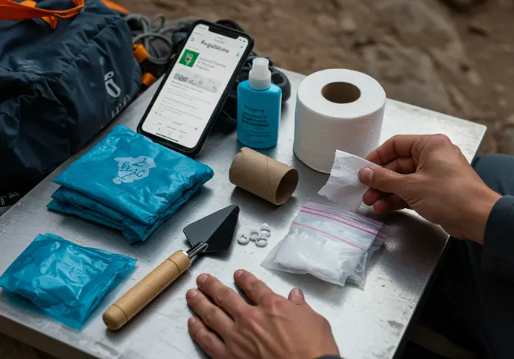 Climber's hands organizing a "poop kit" with WAG bags and trowel, while checking waste disposal regulations on a smartphone before climbing.