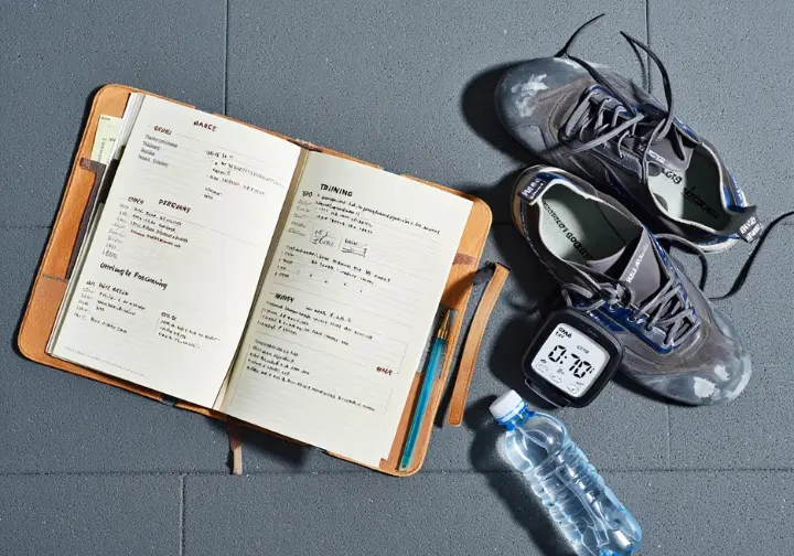An open training journal with a workout plan, alongside climbing shoes and a timer, illustrating how to structure a gym workout program for climbers.