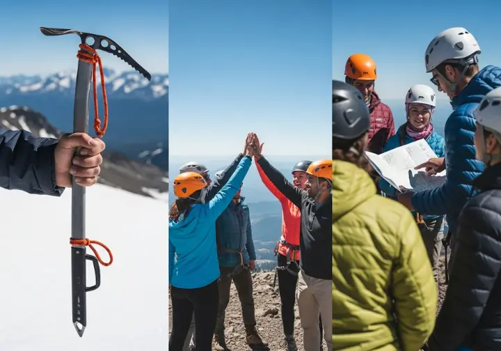 Three blended close-up scenes depicting aspects of Mt. Baker guided climbs: technical skill, camaraderie, and educational focus, for guide service reviews.