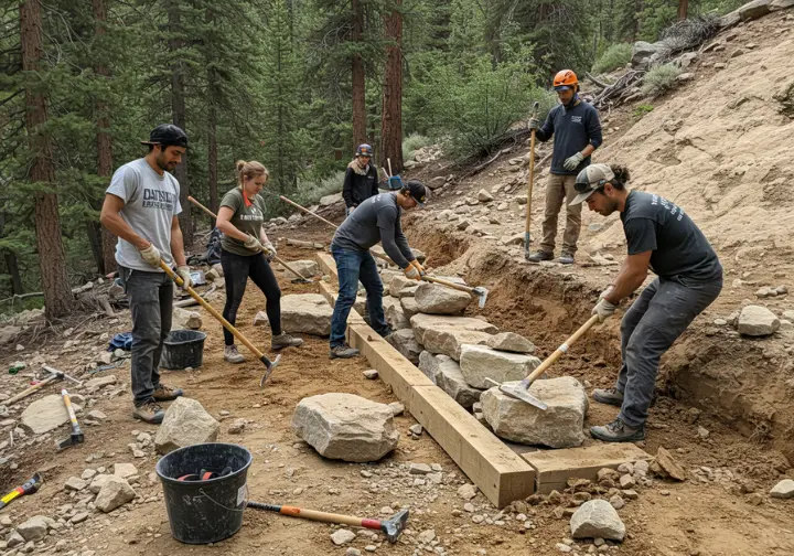 A diverse group of volunteer climbers works together on a trail building project at a crag, illustrating how to get involved with organized stewardship.