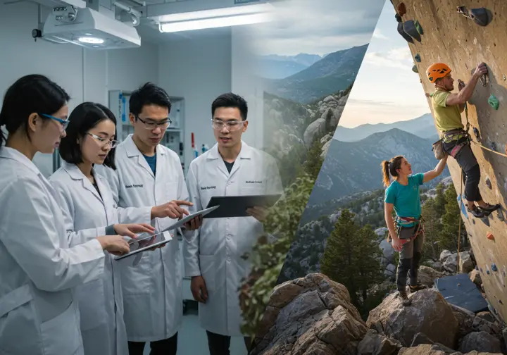 Scientists and climbers depicted together, symbolizing expert opinions from research and real-world experience on climbing nutrition.