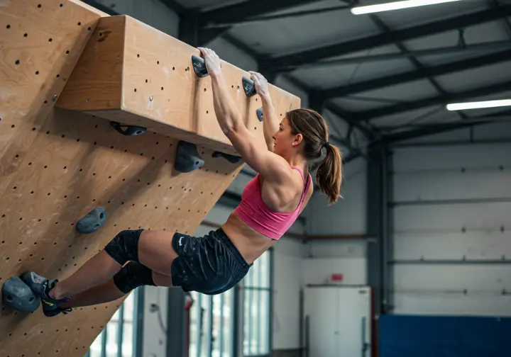 A climber demonstrating proper hanging form on a wooden hangboard, emphasizing engaged shoulders and slight elbow bend, for safe hangboard training.