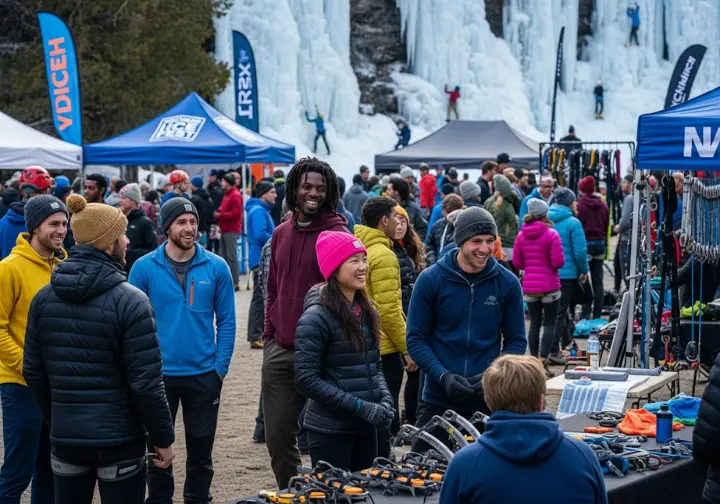 Bustling Michigan Ice Fest with diverse climbers trying gear and socializing, showcasing the community spirit of Midwest ice climbing.