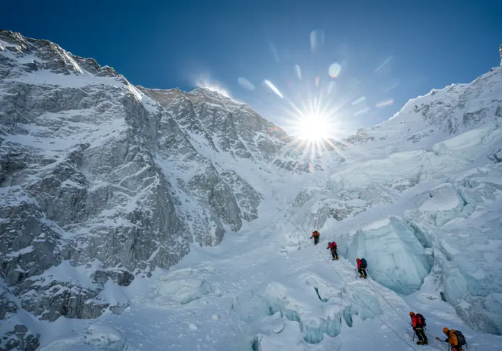 A photorealistic image showing climbers ascending a steep, icy section of a climbing route on Mount Everest, representing the challenge of the ascent.