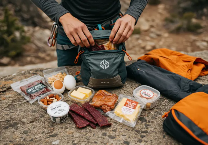 A female climber packing portable high protein high fat low carb snacks into a climbing backpack, illustrating practical diet implementation.