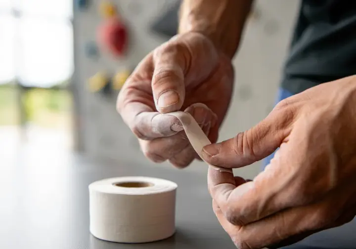 Close-up of hands demonstrating a step-by-step rock climbing finger tape technique, showing a practical guide to application.