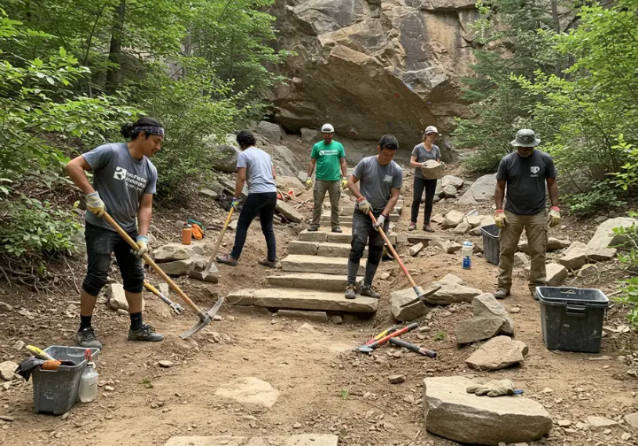 Diverse group of volunteer climbers working on a trail maintenance project at a crag, showcasing solutions for protecting and securing climbing access.
