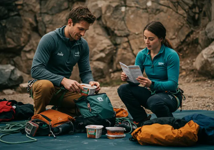 Climbers strategically pack high protein low carb meals and snacks for a climbing trip, emphasizing planned performance nutrition.