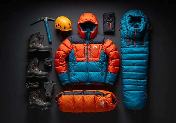 Essential mountaineering gear for a safe Aconcagua ascent, including double boots, a down parka, and an ice axe, carefully laid out in preparation for the climb.