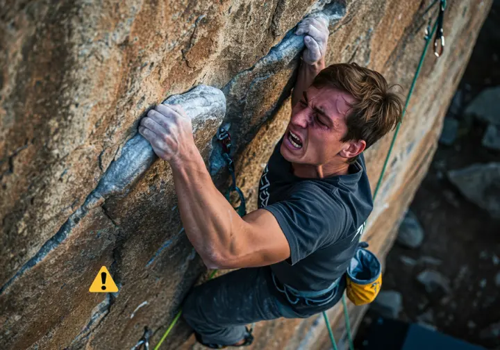 A male climber struggles on a difficult rock face, visually representing the risks and performance controversies of specific climbing diets.