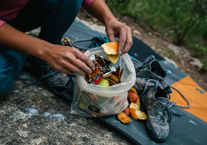 Close-up of a female climber's hands meticulously packing out all trash, including micro-trash, into a reusable bag at a pristine crag, showing personal responsibility.