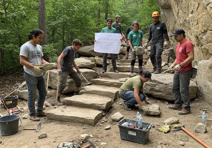 A diverse group of volunteer climbers collaborates on a trail building project at a crag, showcasing the power of community in protecting cliff ecosystems.