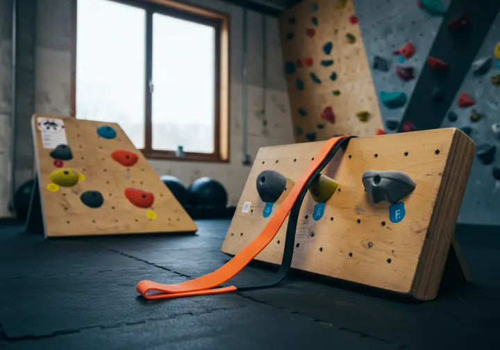 A hangboard, resistance band, and a hint of a campus board on display, representing essential rock climbing training tools and techniques.