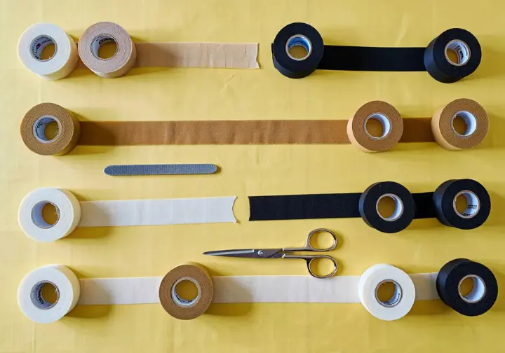 An organized flat lay of various brands and types of rock climbing finger tape rolls, alongside small climbing accessories, for a gear guide.