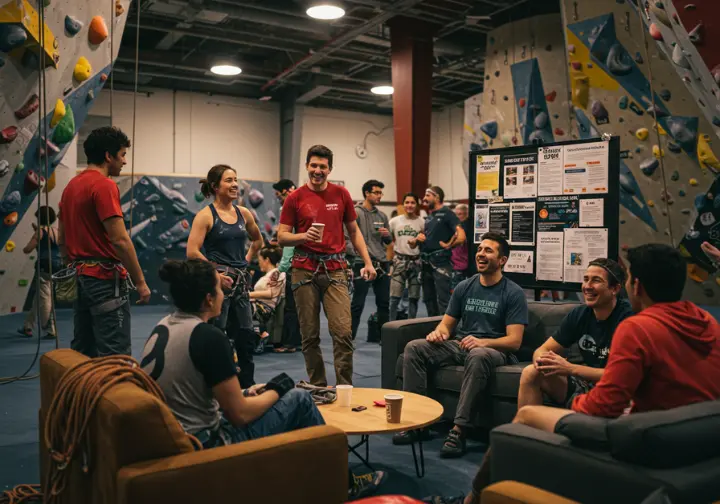 Diverse group of climbers socializing at an indoor climbing gym in Raleigh, highlighting the community aspect of the sport and available resources.