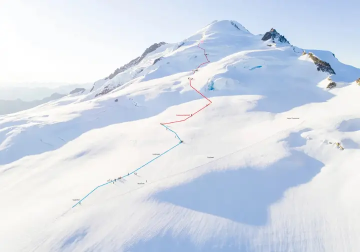 Panoramic view of Mount Baker's upper slopes with three distinct climbing routes subtly highlighted, comparing paths to the summit for a guided climb.