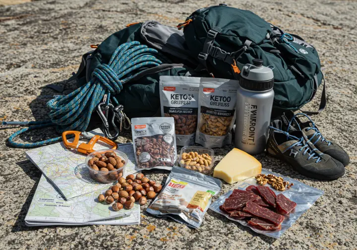 A climber's backpack with gear and keto-friendly snacks, representing a practical guide for curious climbers.