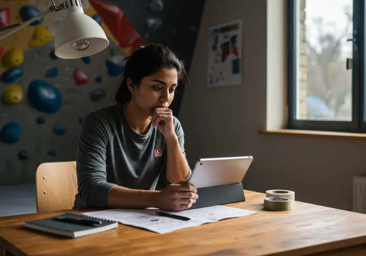 A climber engaged in smart programming, reviewing her tablet to integrate power and strength exercises into her training plan, with a climbing wall in the background.