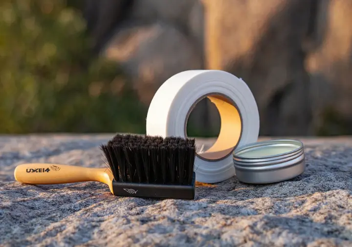 A bouldering brush, climbing tape, and skin salve arranged on a rock, representing a bouldering comfort, progression, and skin care kit.