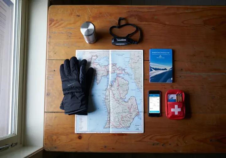 Flat lay of ice climbing trip planning essentials including a U.P. map, gear, and phone, for ice climbing in Michigan.
