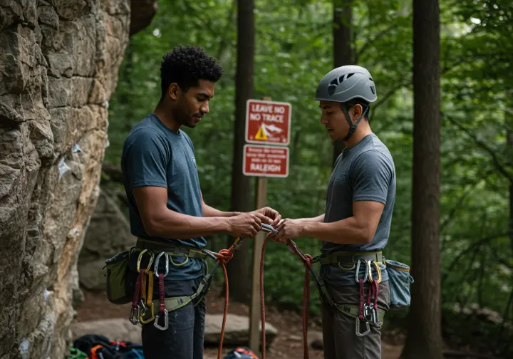 Two climbers performing a safety check on their gear at an outdoor climbing crag, with a "Leave No Trace" sign in the background, emphasizing safety and ethics in Raleigh climbing.