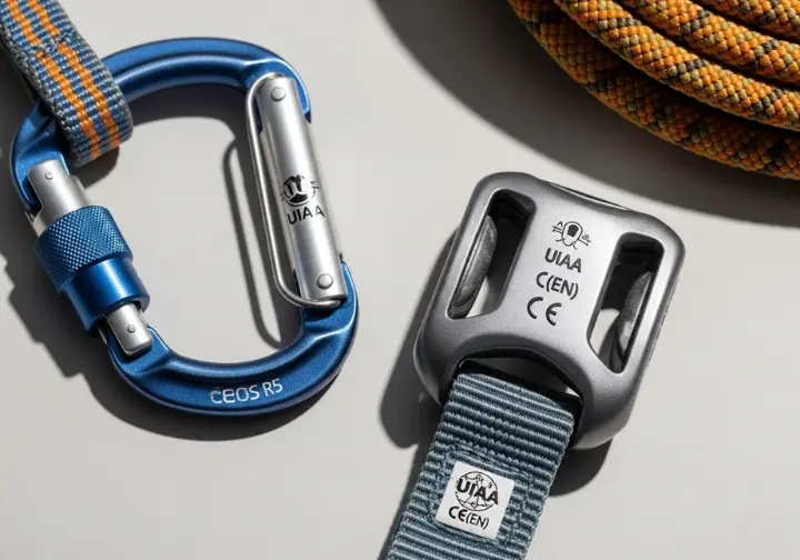 Close-up of ice climbing gear, including a carabiner, harness, and rope, showing UIAA and CE certification marks.