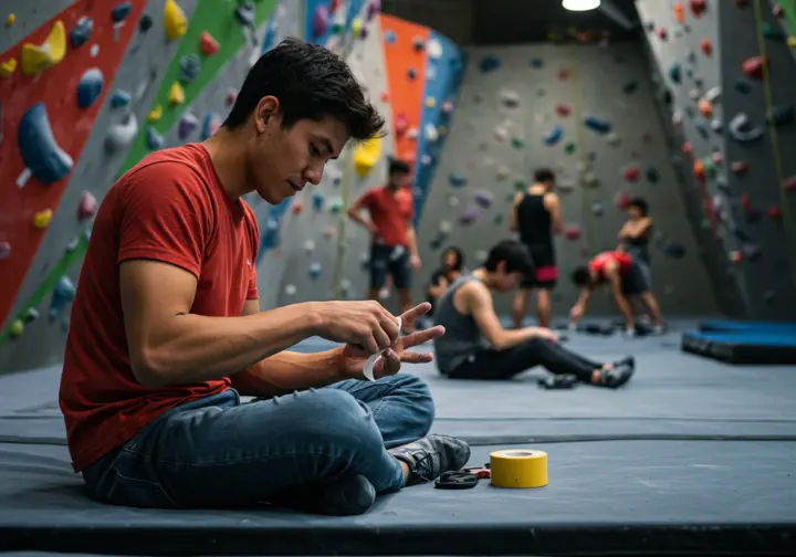 A climber taping fingers while others stretch in the background, illustrating injury prevention and longevity in rock climbing training.