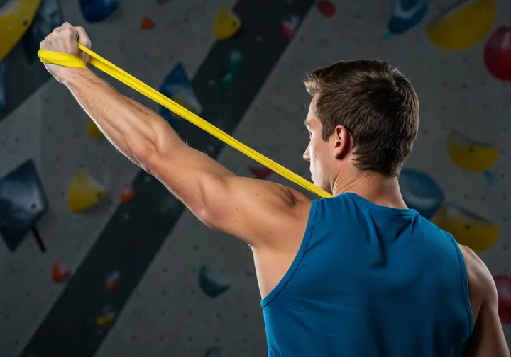 A climber injury-proofing his shoulder by performing a prehabilitation strength exercise with a resistance band, focusing on safety to support his power training.